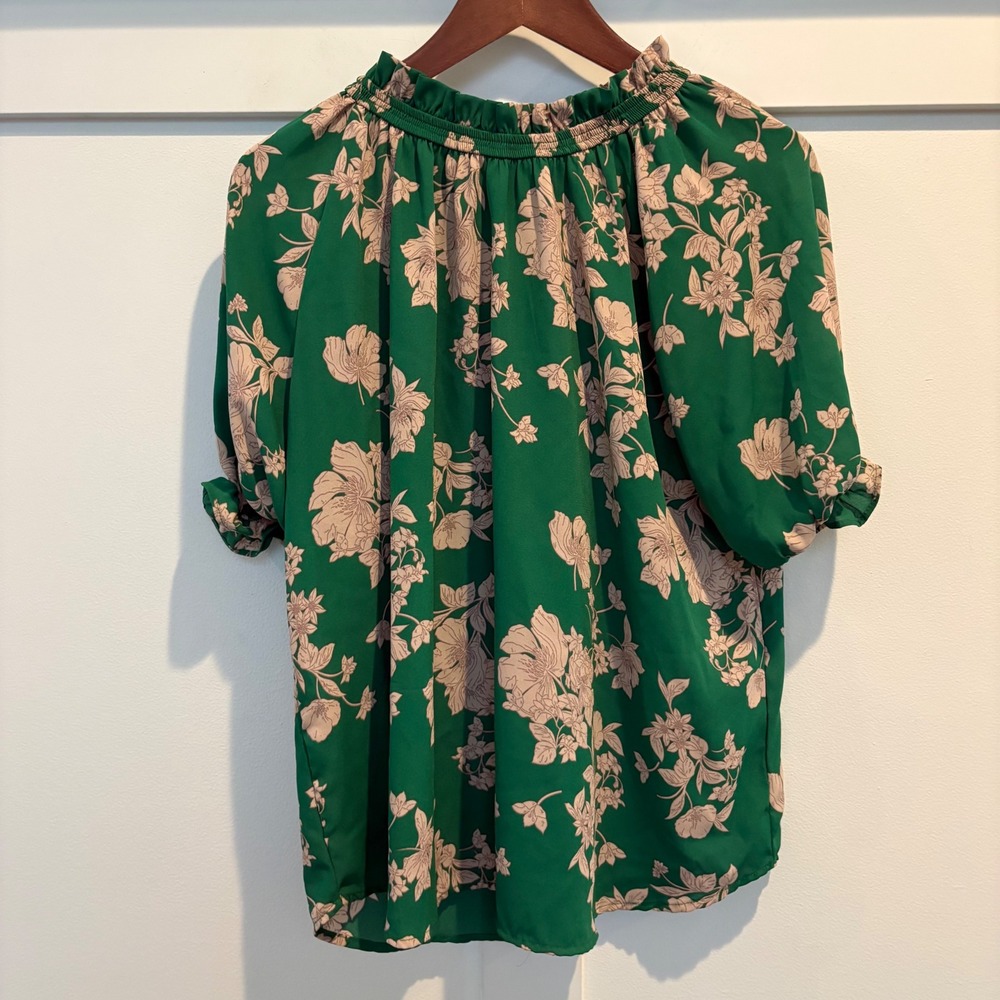 Sienna Sky Top Womens Large Green Floral Ruffle Neck Puff Sleeve Office Blouse
